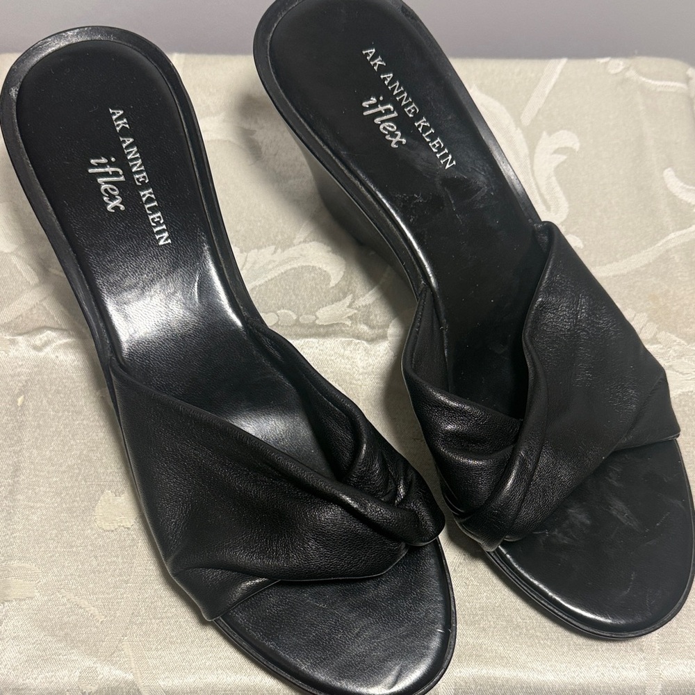 Anne Klein Black Leather Wedge Slides